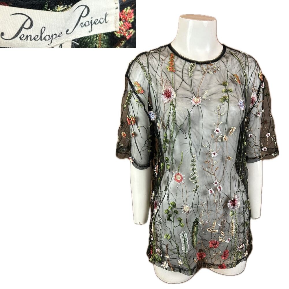 Black Sheer Flower Embroidery Blouse Top Penelope Project / Medium *